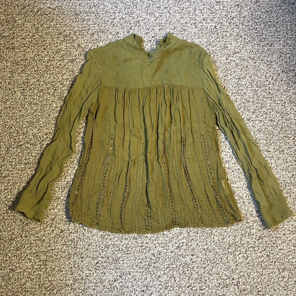 Blank London Womens Long Sleeve Shirt Top Size S Green Beaded Sequin Boho Smock